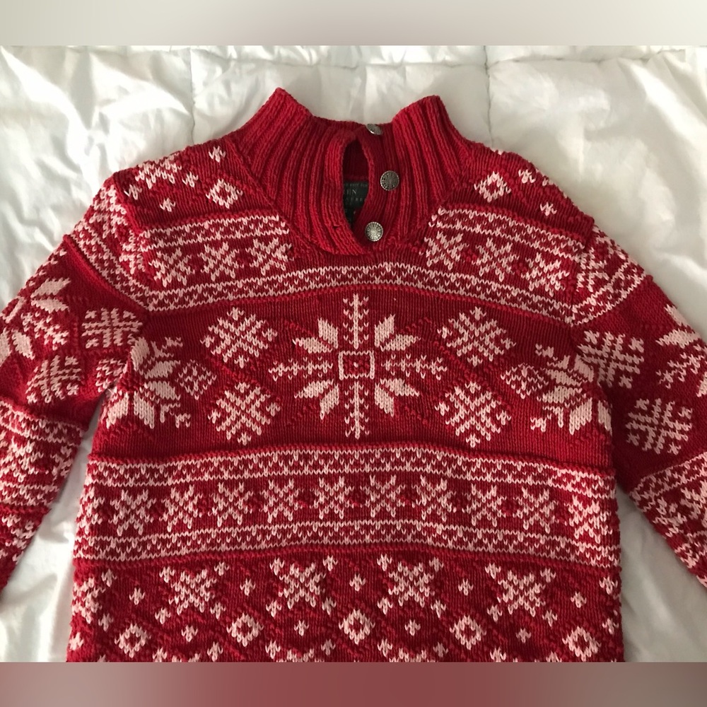 Lauren Ralph Lauren Petite Women’s Red Hand Knit Holiday Sweater with Snowflakes